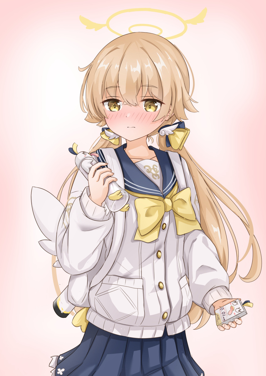 1girl, absurdres, backpack, bag, blue_archive, blue_sailor_collar, blush, cardigan, frilled_skirt, frills, hair_flaps, halo, hifumi_(blue_archive), highres, hjhtp, light_brown_hair, low_twintails, pleated_skirt, sailor_collar, skirt, solo, twintails, white_bag, white_cardigan, wing_hair_ornament, yellow_eyes