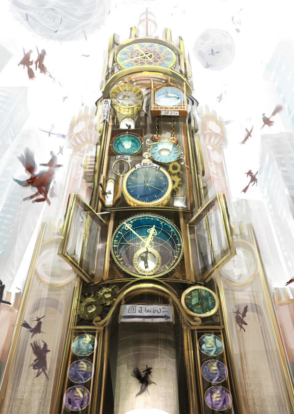 6+others, ambiguous_gender, broom, broom_riding, building, clock, clock_tower, hat, highres, mallllma, multiple_others, original, steampunk, too_many_clocks, tower, witch, witch_hat, wizard_hat