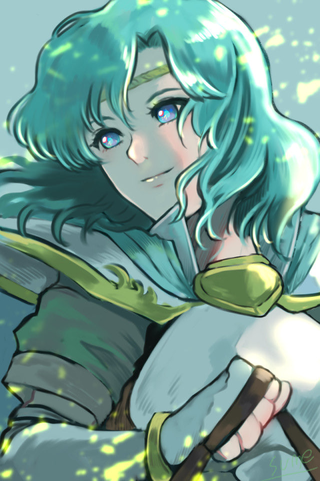 1girl, aqua_hair, armor, artist_name, blue_eyes, curly_hair, fingerless_gloves, gloves, mahter_(tear_ring_saga), solo, sparkle, sumeragi_(black_rose), tear_ring_saga, tear_ring_saga:_utna_heroes_saga, tiara