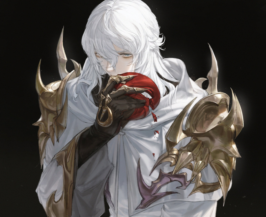 1boy, alternate_costume, armor, bangs, bishounen, black_background, black_blood, blood