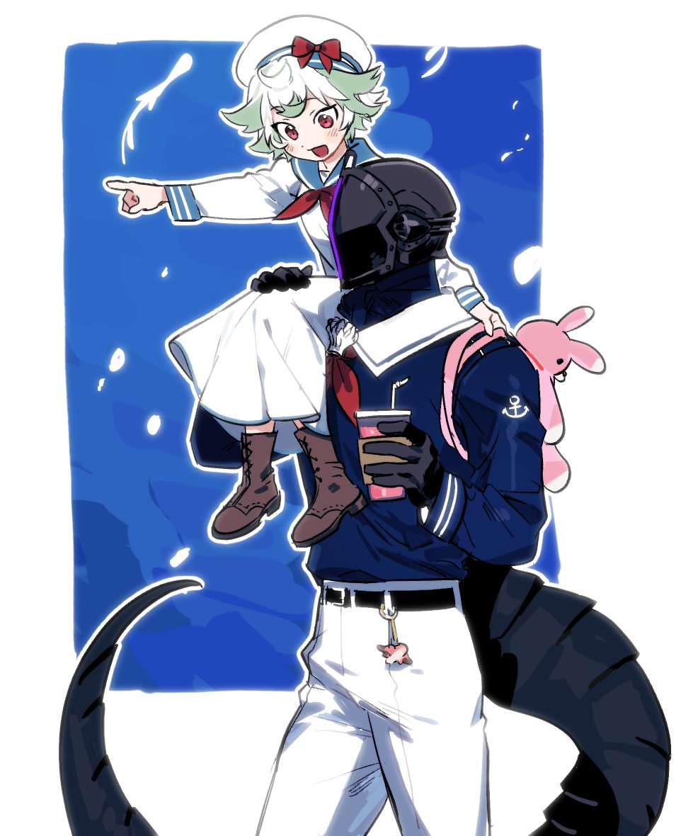 1boy, 1girl, 68382837d, alternate_costume, anchor_print, animal_bag, bangs, belt
