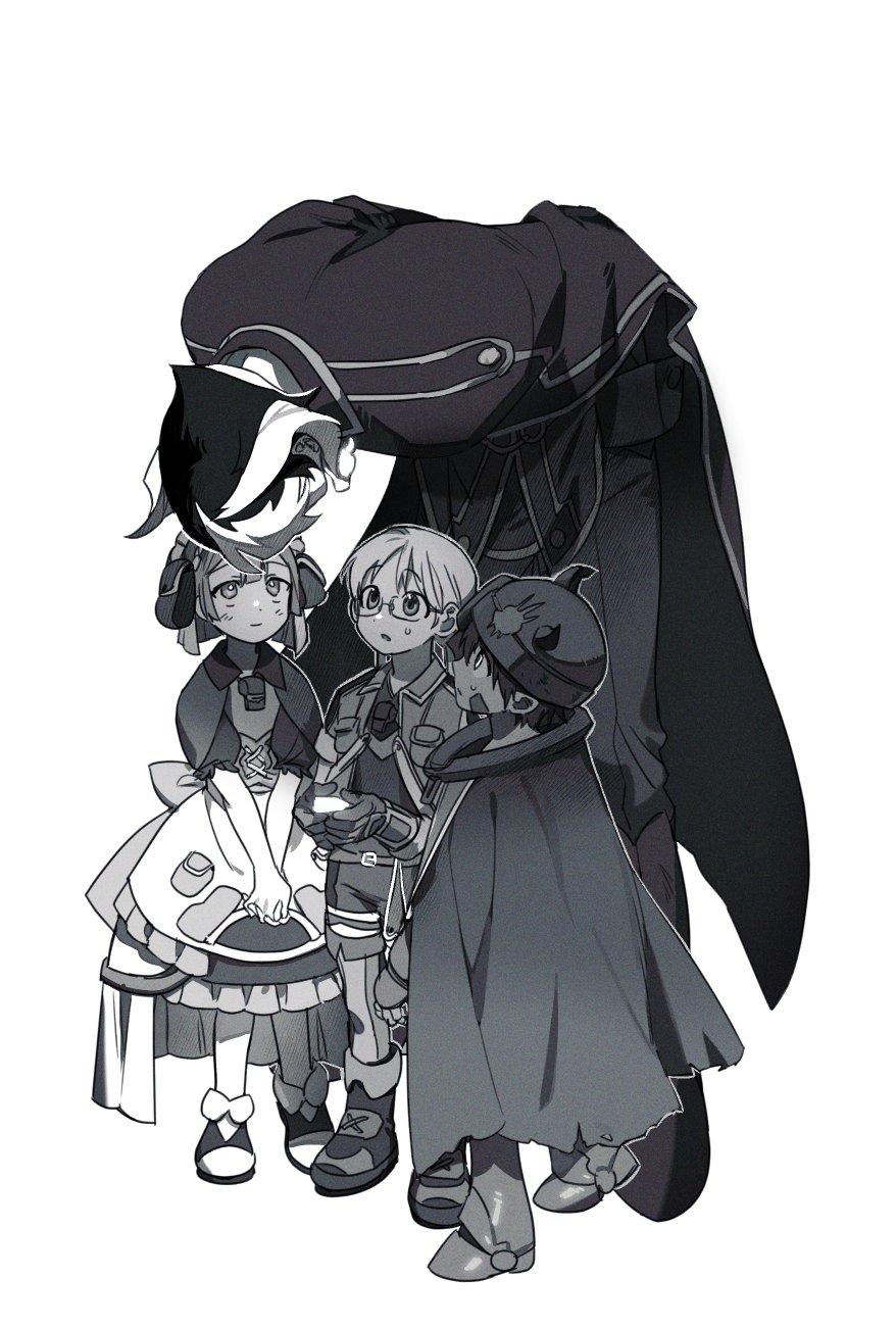 2boys, 2girls, 68382837d, apron, bangs, bent_over, black_hair, blunt_bangs