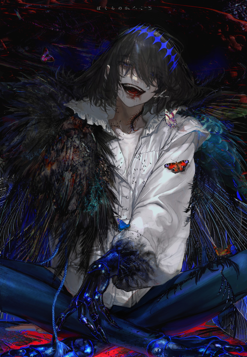 1boy, :d, ant, arthropod_boy, au_(d_elite), background_text, bangs, black_hair