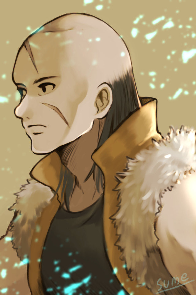 1boy, artist_name, bald, black_hair, brown_background, fur_trim, garo_(tear_ring_saga), scar