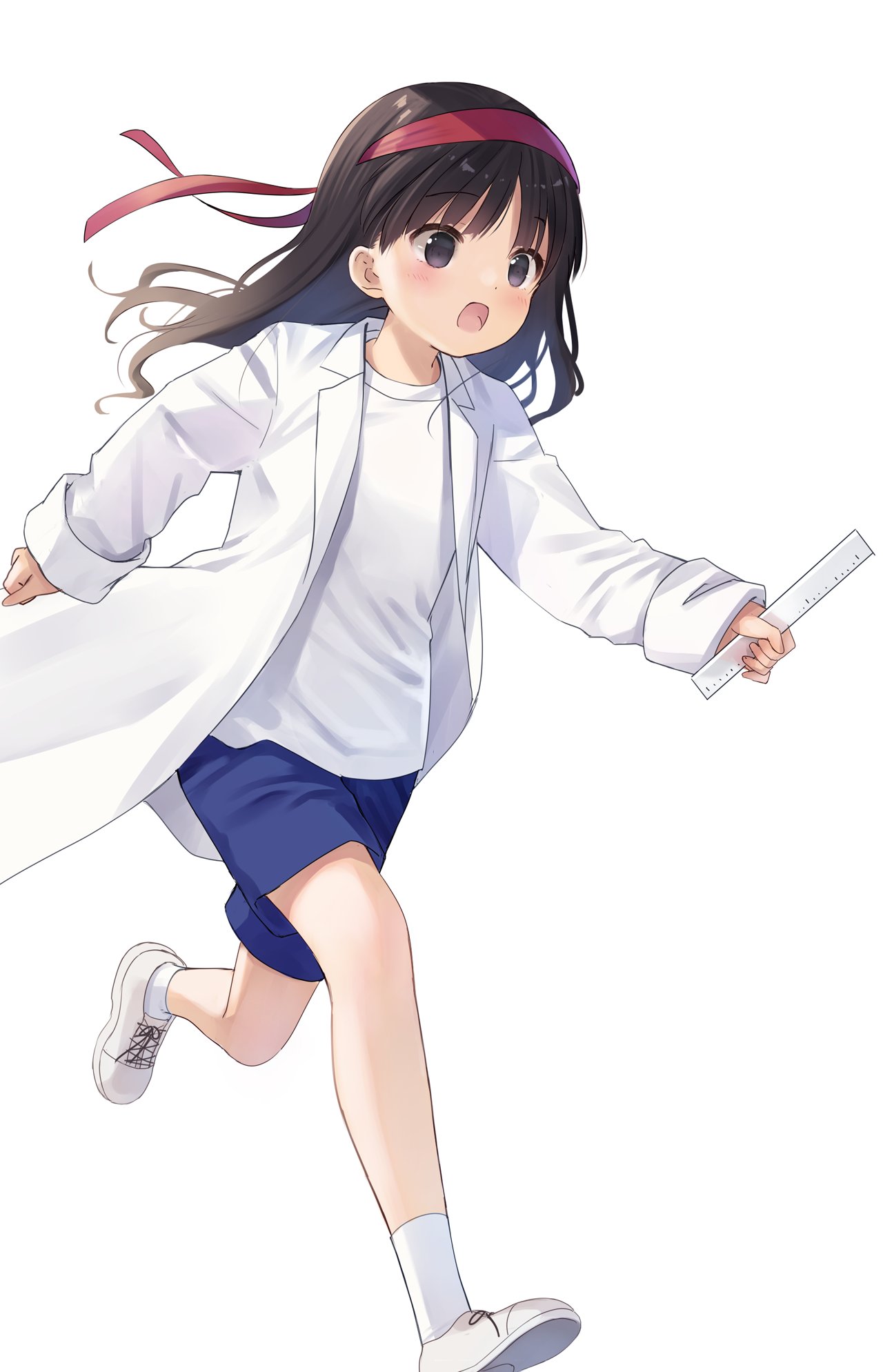 1girl, :o, bangs, black_eyes, black_hair, blue_shorts, blush, full_body