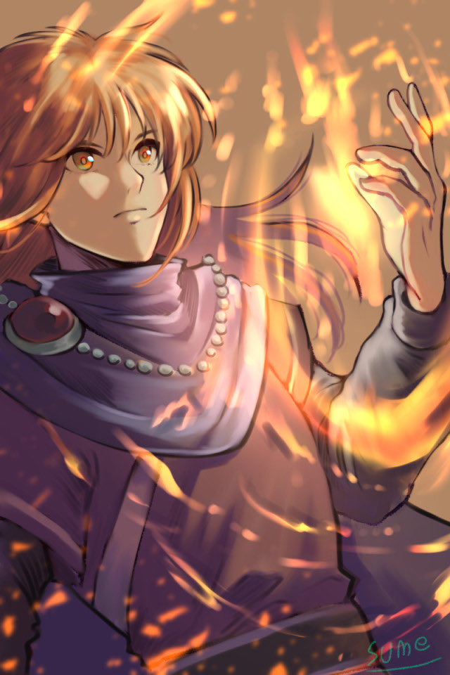 artist_name, cape, fire, jewelry, long_hair, necklace, orange_eyes, redhead