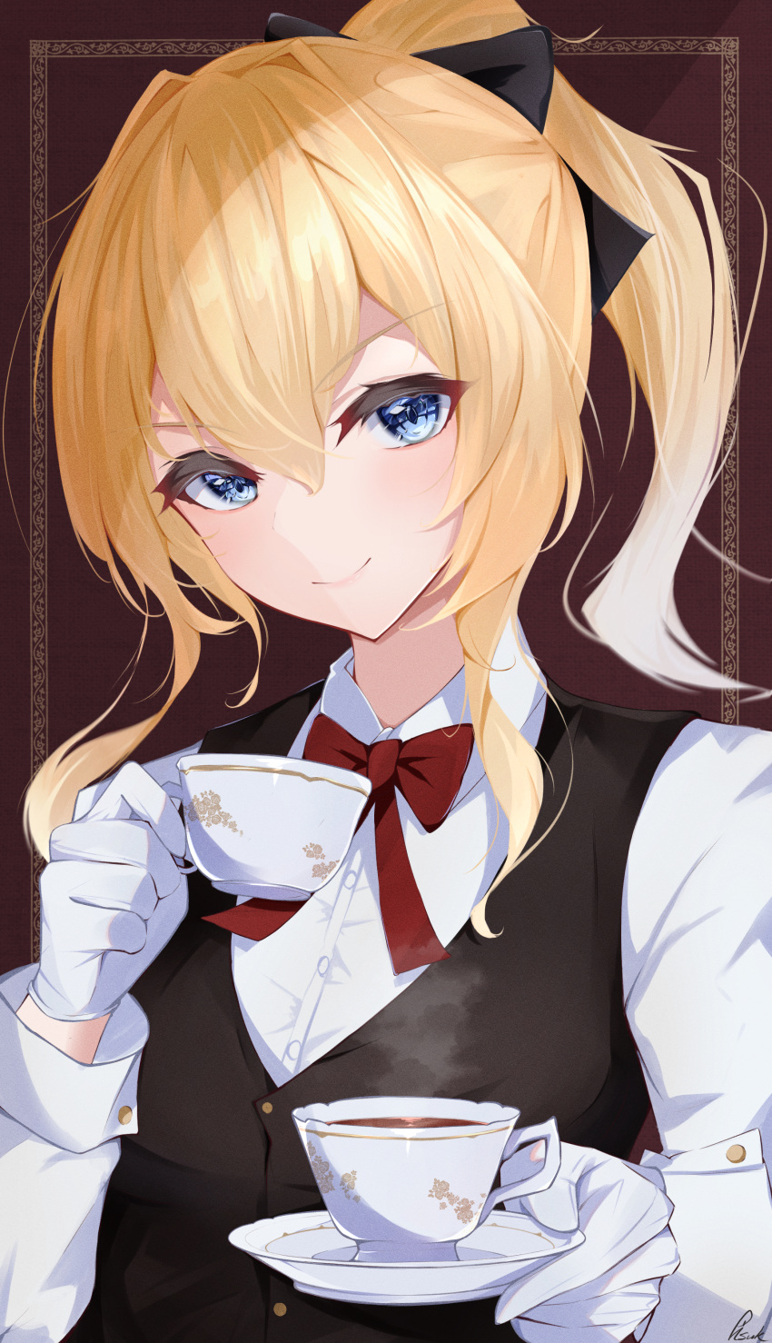 1girl, absurdres, black_bow, blonde_hair, blue_eyes, bow, bowtie, closed_mouth