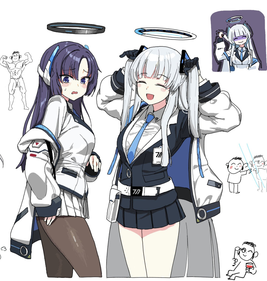 1boy, 2girls, alcohol, black_skirt, black_suit, blue_archive, blue_necktie, breasts