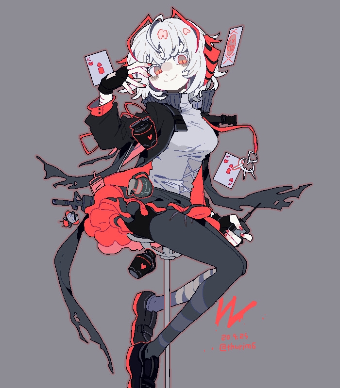 1girl, ahoge, antennae, arknights, black_gloves, black_jacket, black_pantyhose, black_skirt