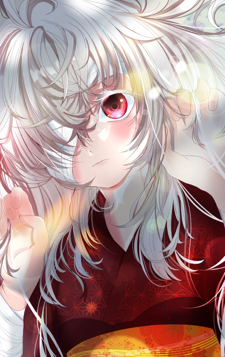 1girl, bandage_over_one_eye, blush, haine_(summertime_render), hand_up, highres, japanese_clothes, kimono