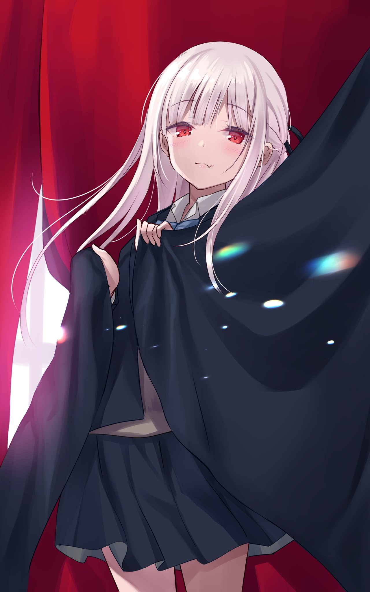 1girl, bangs, black_curtains, black_jacket, black_skirt, blush, closed_mouth, commentary_request