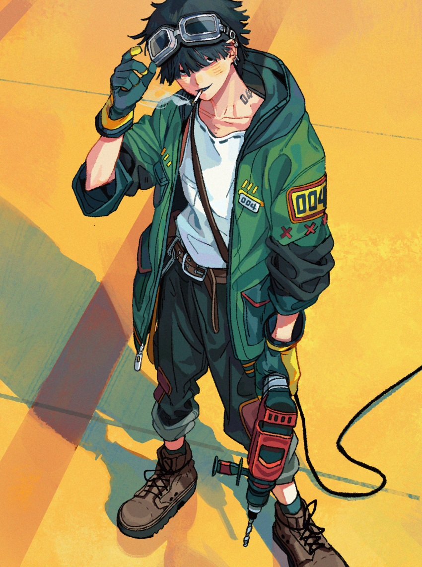 1boy, absurdres, belt, black_eyes, black_gloves, black_hair, black_pants, cigarette, collarbone, day, drill, earrings, full_body, gloves, goggles, goggles_on_head, green_jacket, highres, hood, hood_down, hooded_jacket, jacket, jewelry, male_focus, mouth_hold, neck_tattoo, open_clothes, open_jacket, original, pants, power_tool, shadow, shirt, smoking, standing, tattoo, white_shirt, yellow_background, yomii_ba_chu
