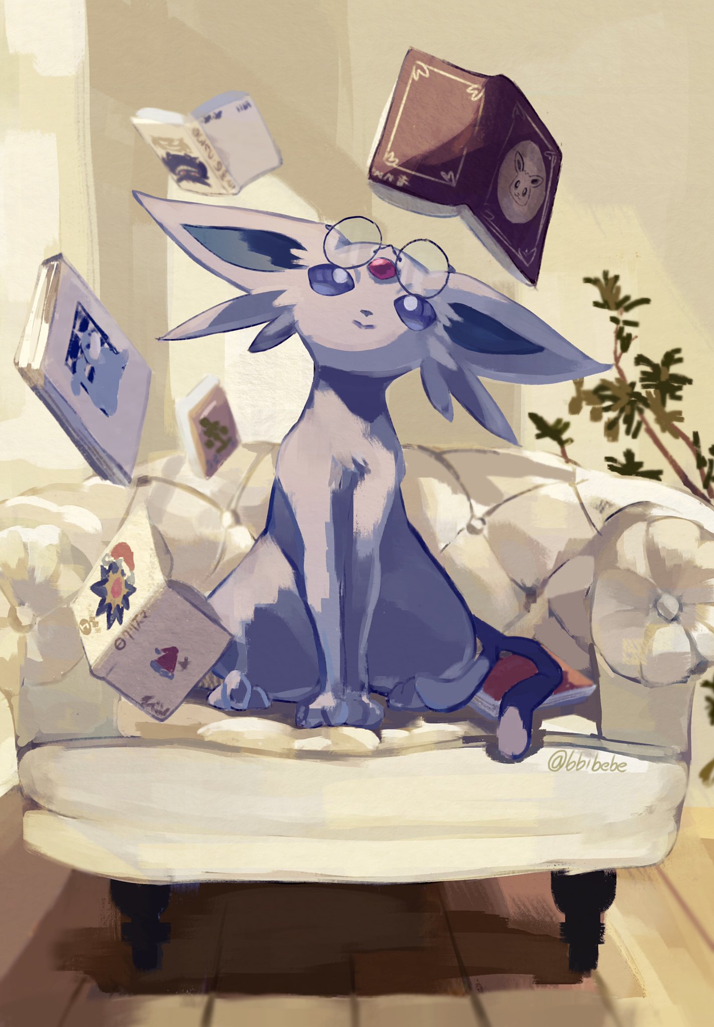 armchair, bbibebe, bespectacled, book, chair, commentary_request, eevee, espeon