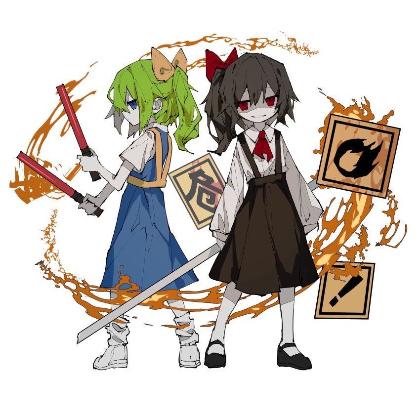 2girls, absurdres, ascot, bangs, black_footwear, black_hair, black_skirt, blue_dress