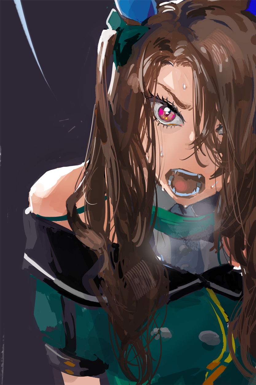 1girl, animal_ears, bare_shoulders, breath, brown_hair, fangs, green_jacket, hair_over_one_eye