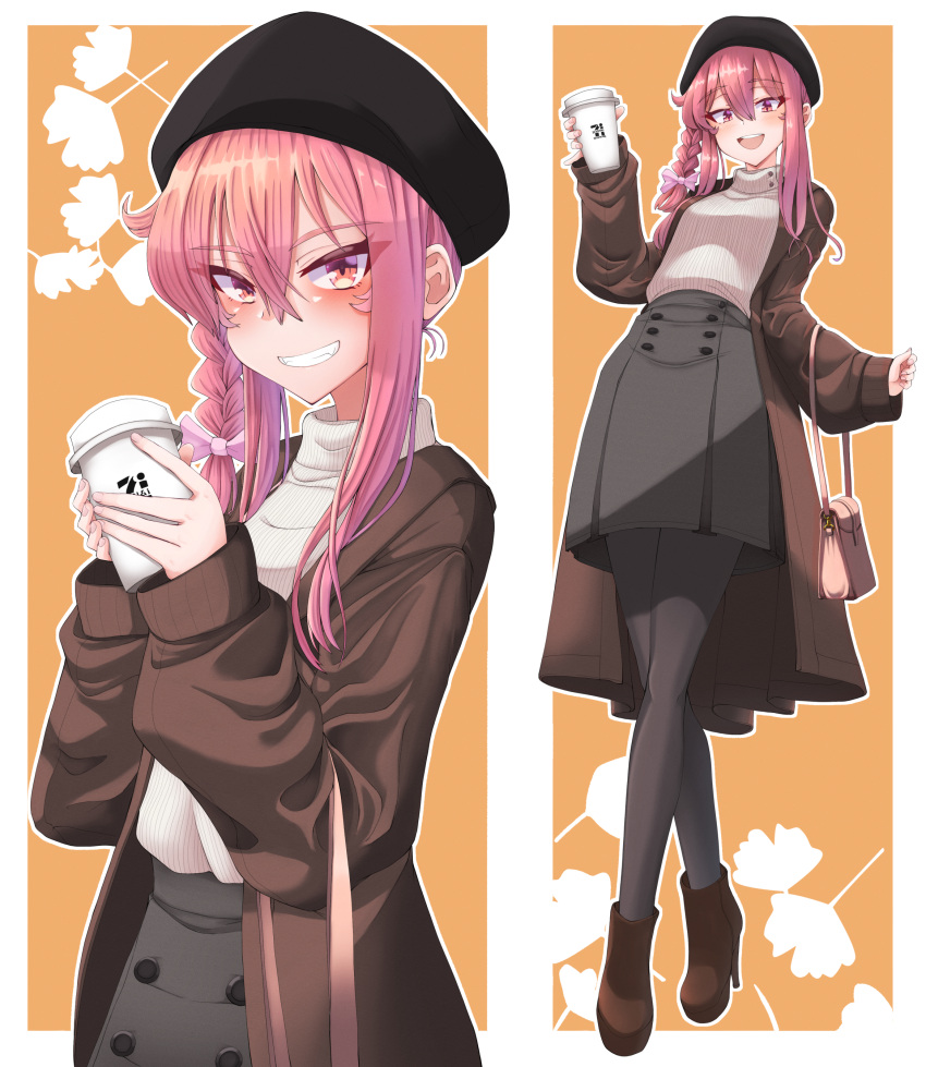 1girl, absurdres, bag, bangs, beret, black_headwear, black_pantyhose, black_skirt, blush, boots, braid, breasts, brown_coat, brown_footwear, coat, coffee_cup, commentary_request, cookie_(touhou), cowboy_shot, cup, disposable_cup, full_body, grin, hair_between_eyes, handbag, hat, highres, long_hair, long_sleeves, looking_at_viewer, medium_breasts, multiple_views, open_clothes, open_coat, open_mouth, pantyhose, pink_eyes, pink_hair, pyukasshori, sasorihime_(cookie), side_braid, single_braid, skirt, smile, sweater, turtleneck, turtleneck_sweater, white_sweater