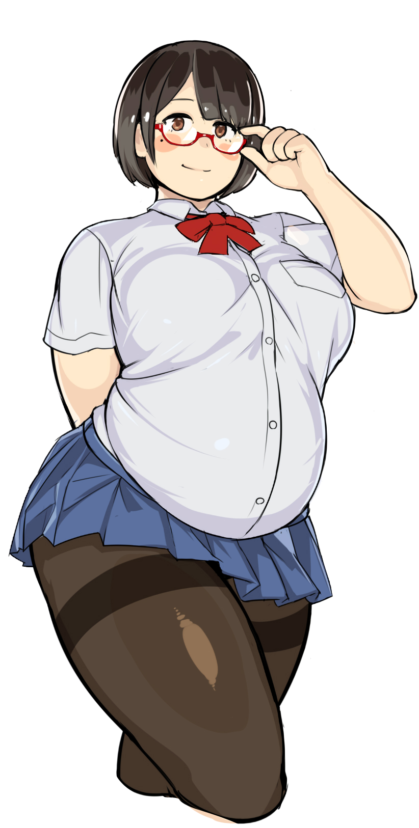 1girl, adjusting_eyewear, bangs, brown_eyes, brown_hair, cowboy_shot, glasses, highres, mole, nisetanaka, original, pantyhose, pleated_skirt, plump, red-framed_eyewear, school_uniform, short_hair, skirt, thick_thighs, thighs, white_background