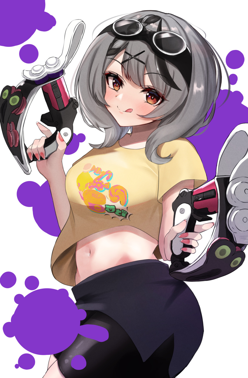 1girl, absurdres, bike_shorts, dual_wielding, goggles, goggles_on_head, grey_hair, highres