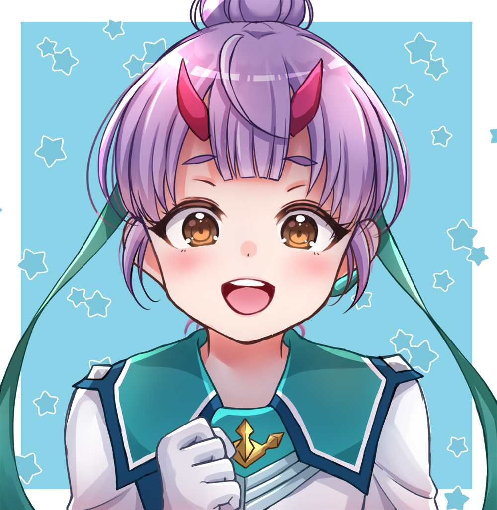 1girl, brown_eyes, clenched_hand, fiona_(xenoblade), gloves, hair_bun, horns, kurume_sml