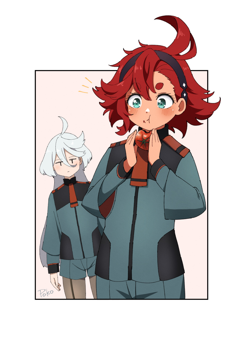 2girls, absurdres, ahoge, aqua_eyes, artist_name, black_hairband, blush, commentary_request