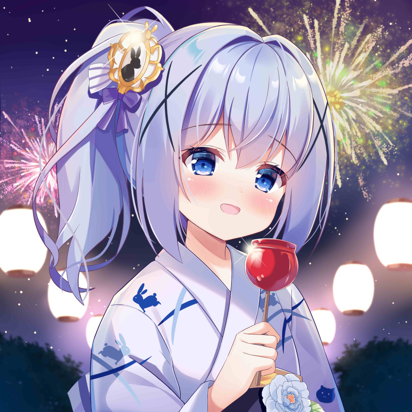 1girl, absurdres, blue_eyes, blue_hair, blush, candy_apple, embarrassed, fengshen_chino