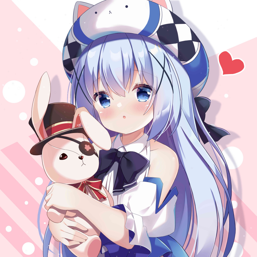 1girl, absurdres, bare_shoulders, black_bow, black_bowtie, blue_eyes, blue_hair, blush