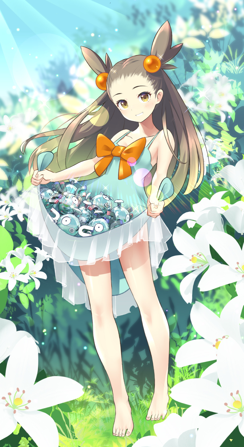 1girl, absurdres, barefoot, dress, flat_chest, flower, hair_bobbles, hair_flower