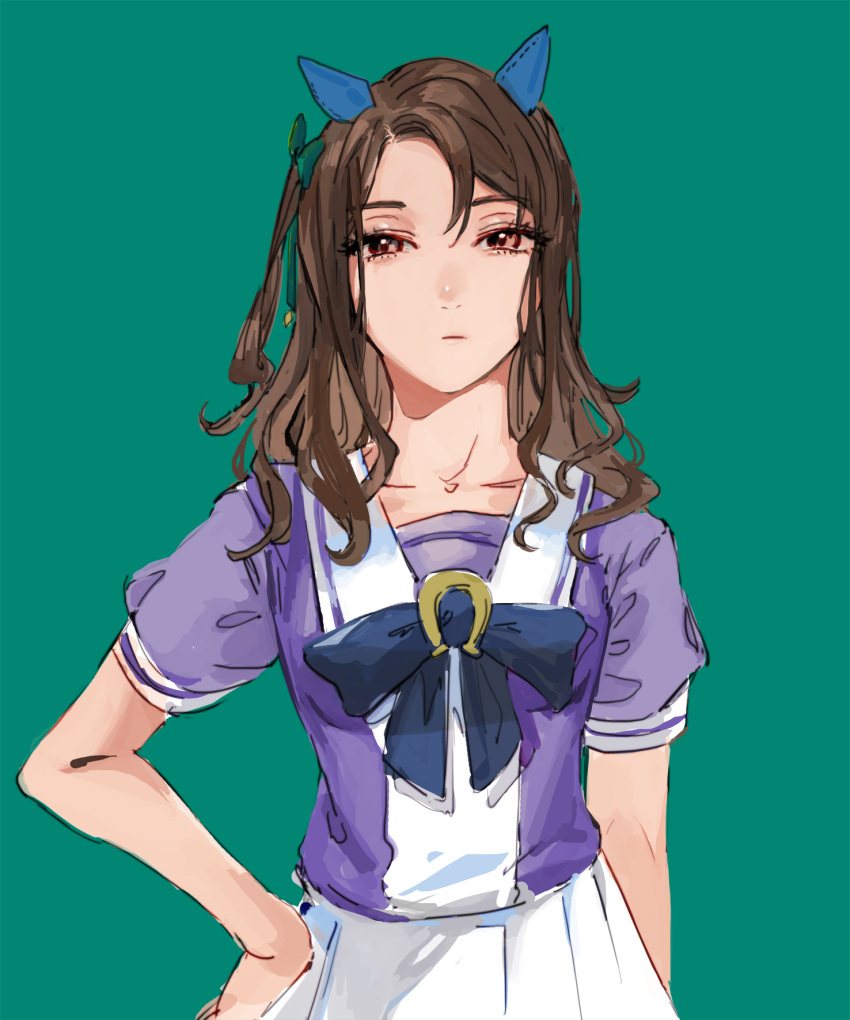 1girl, animal_ears, bow, bowtie, brown_eyes, brown_hair, closed_mouth, ear_covers