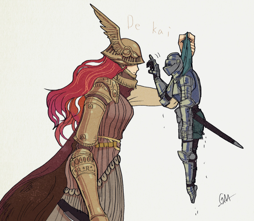 1girl, armor, cape, closed_mouth, covered_eyes, dress, elden_ring, gaa_(mesimori_gaa), helmet, holding, holding_weapon, long_hair, malenia_blade_of_miquella, mechanical_arms, prosthesis, prosthetic_arm, red_cape, redhead, simple_background, single_mechanical_arm, sword, tarnished_(elden_ring), very_long_hair, weapon, winged_helmet