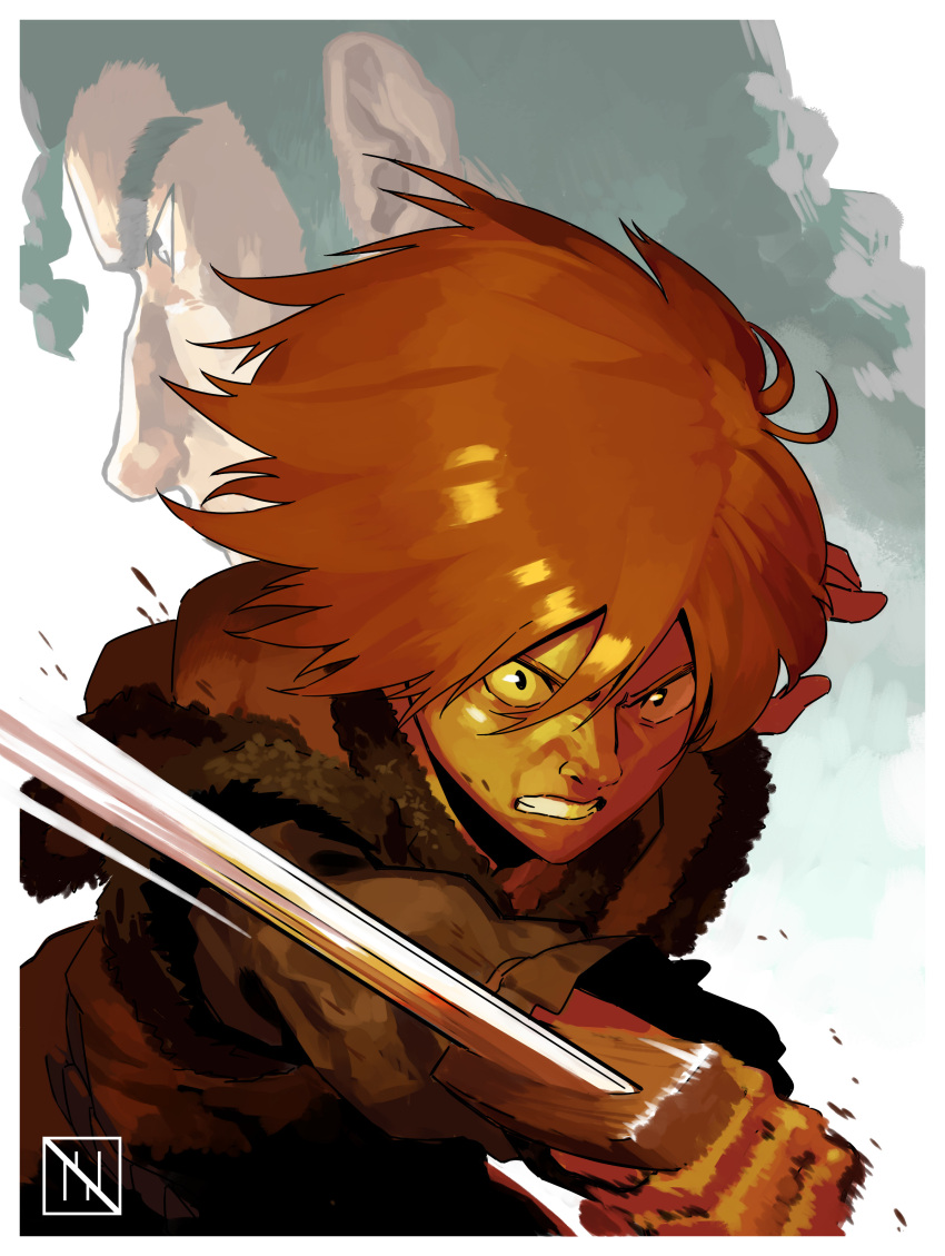 absurdres, blonde_hair, brown_hair, facial_hair, father_and_son, fighting_stance, highres, holding, holding_weapon, long_hair, mawmaoou, short_hair, thorfinn, thors, tunic, viking, vinland_saga, warrior, weapon