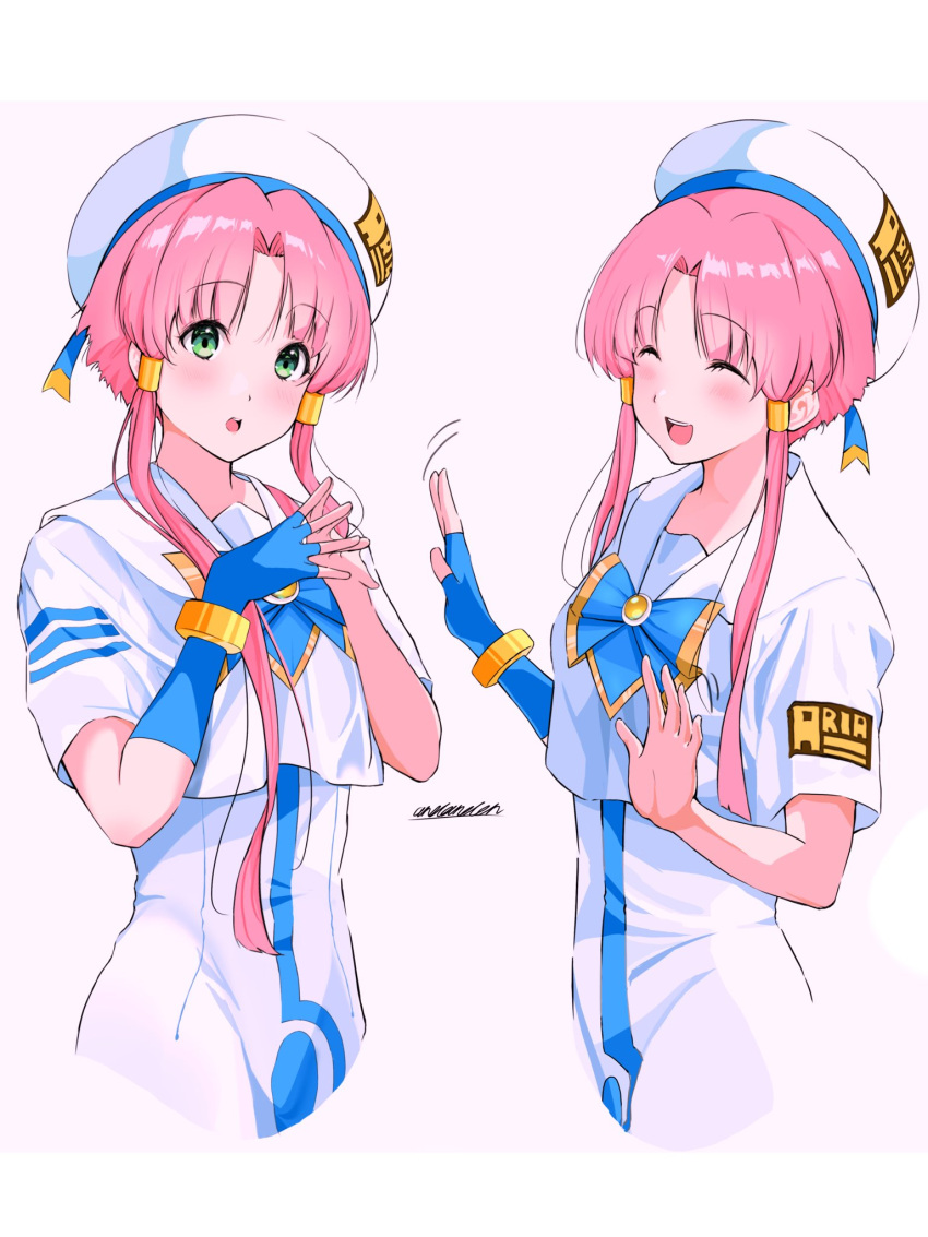 1girl, :d, ^_^, andanden, aria, aria_company_uniform, bangs, blue_bow