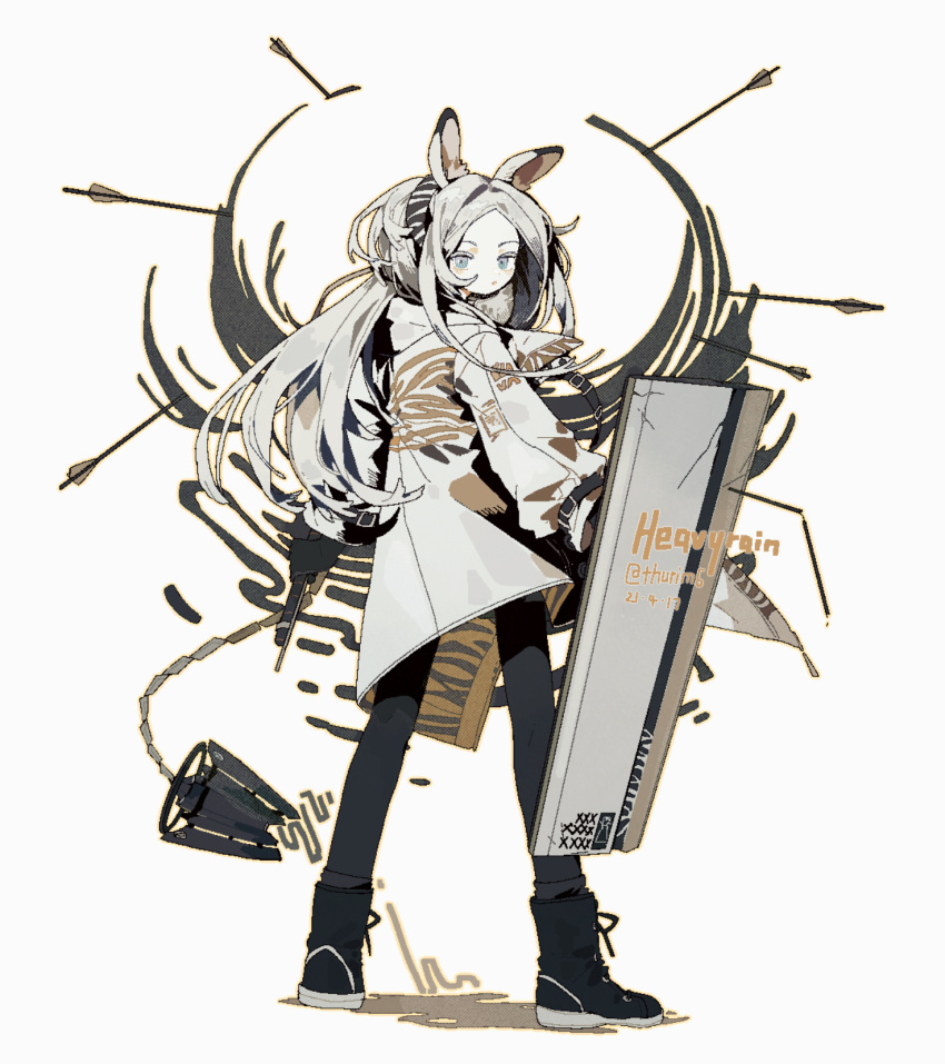 1girl, animal_ears, arknights, black_footwear, black_pants, blue_eyes, boots, character_name
