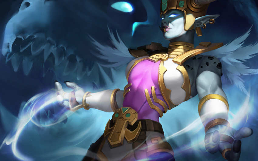 1girl, armor, armored_dress, blue_skin, casting_spell, colored_skin, devilsaur, dinosaur, gold_trim, highres, jewelry, pointy_ears, princess_talanji, rezan, toned, troll_(warcraft), tusks, warcraft, world_of_warcraft, zandalari_(warcraft)