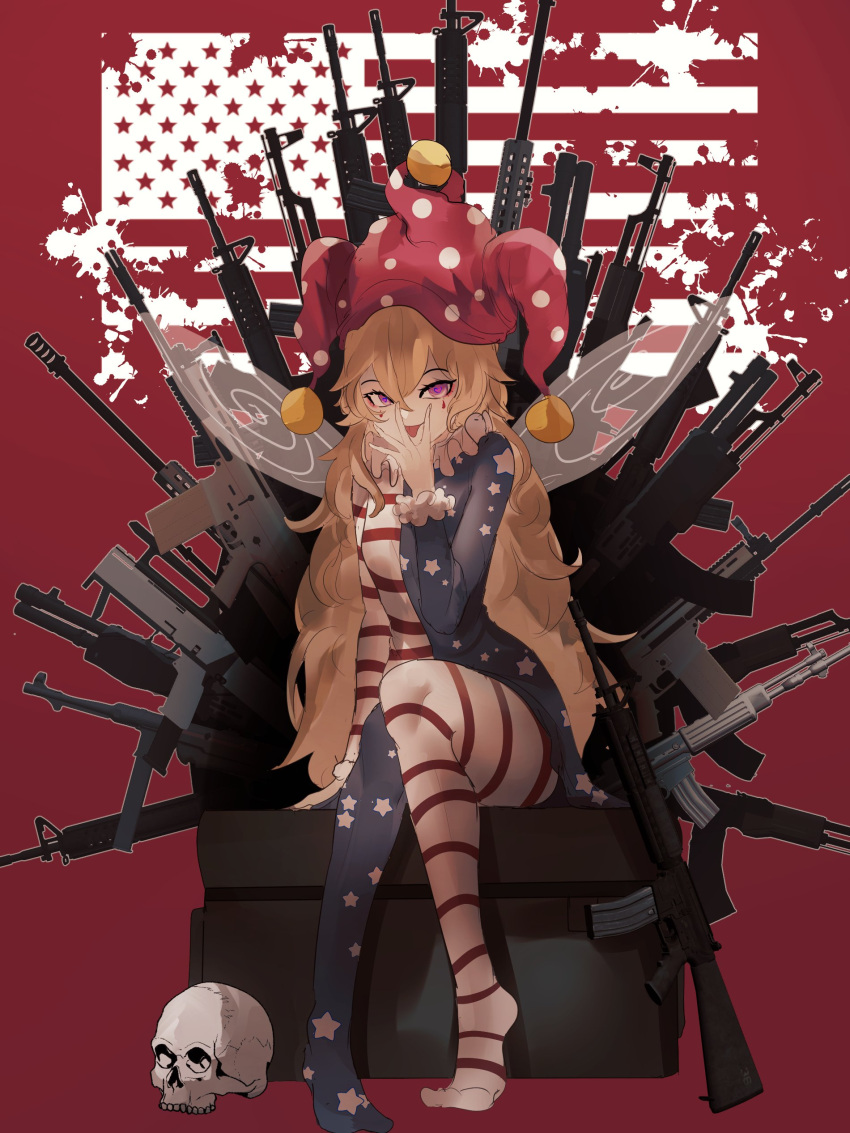 1girl, absurdres, ak-47, american_flag, american_flag_dress, american_flag_legwear, american_flag_shirt, assault_rifle