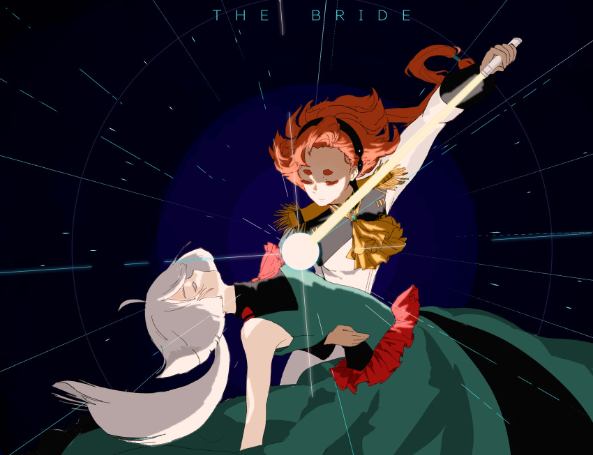 2girls, ascot, closed_eyes, dress, english_text, gundam, gundam_suisei_no_majo, hairband