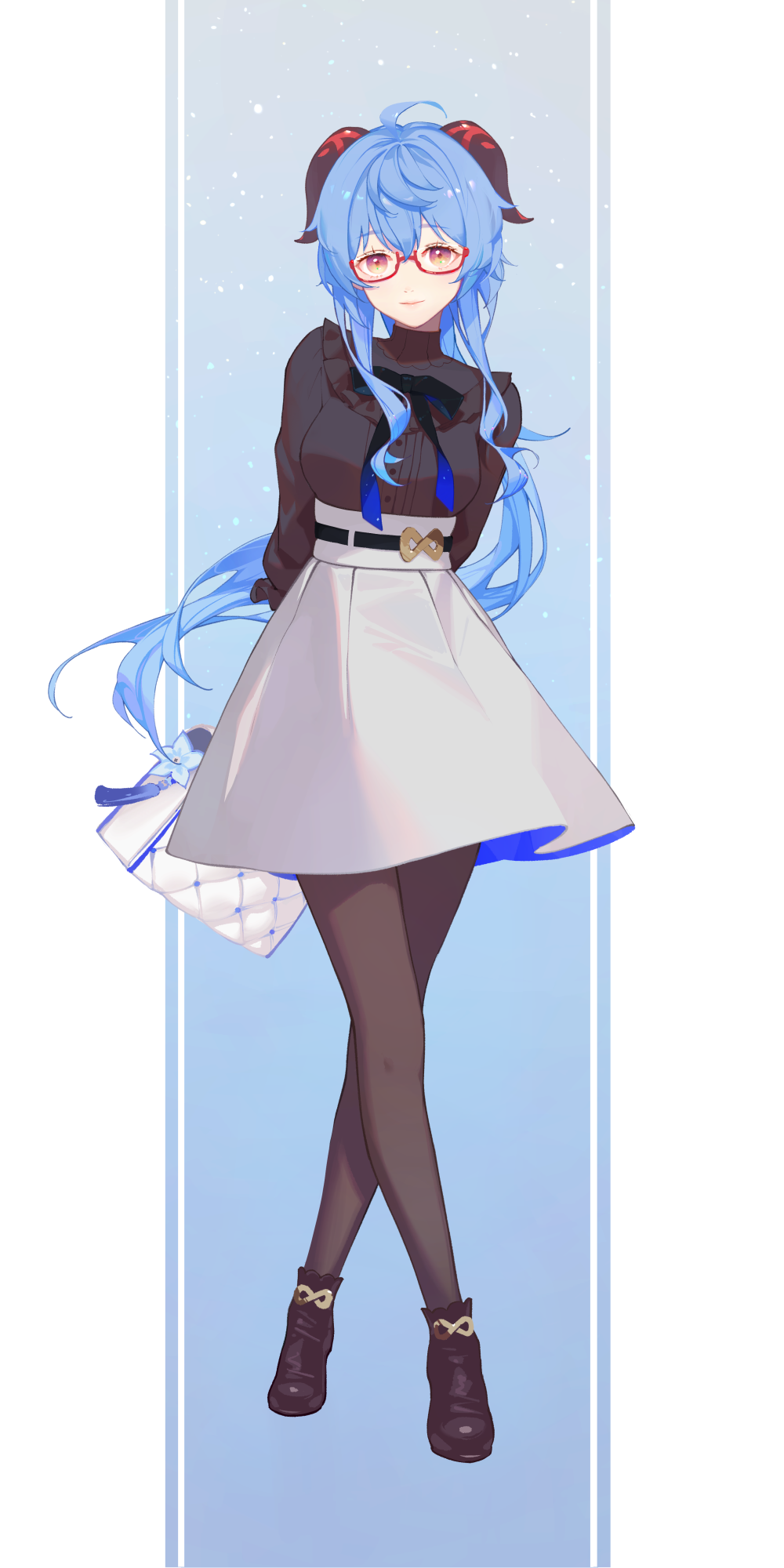 1girl, ahoge, bag, bangs, black_bow, black_pantyhose, black_shirt, blue_hair