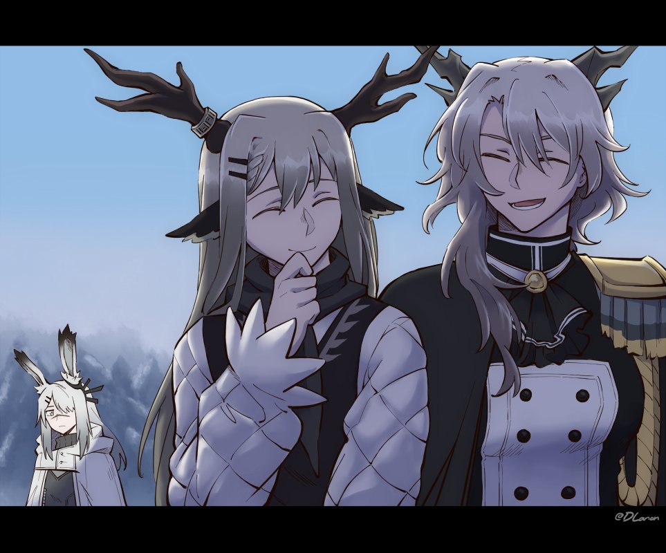3girls, ^_^, alina_(arknights), animal_ears, arknights, ascot, black_ascot, black_dress