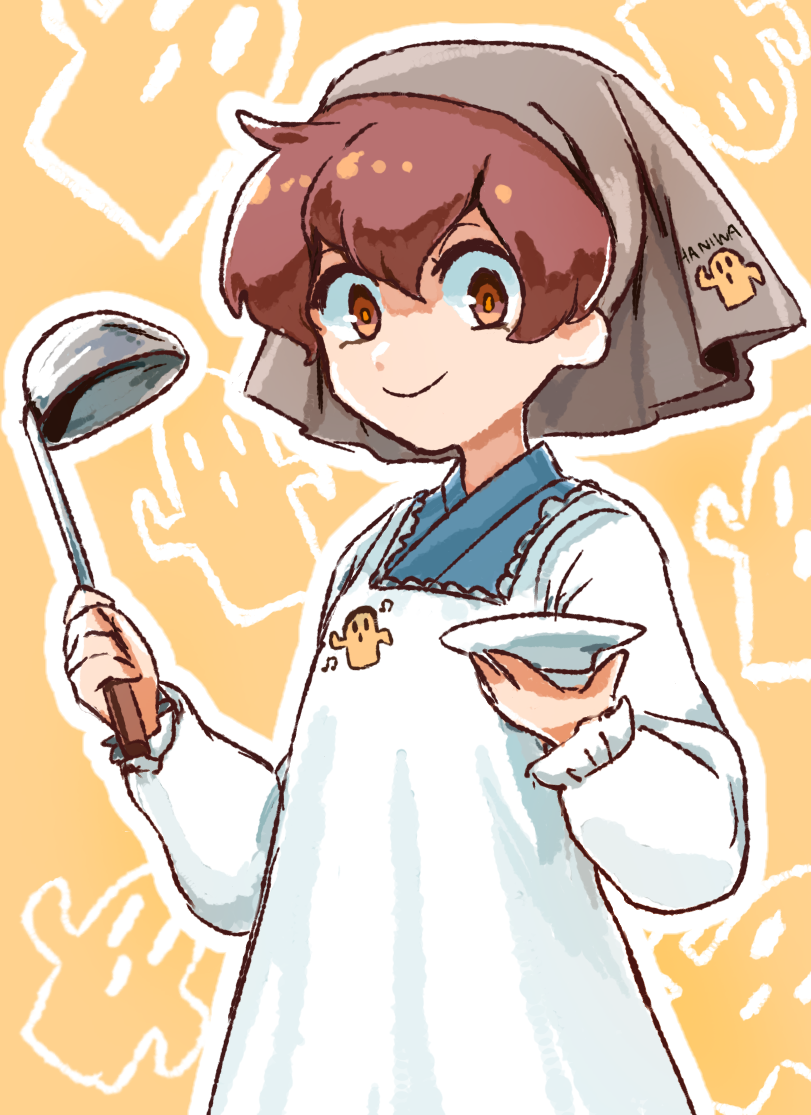 1other, androgynous, apron, bangs, blue_kimono, brown_eyes, closed_mouth, commentary_request