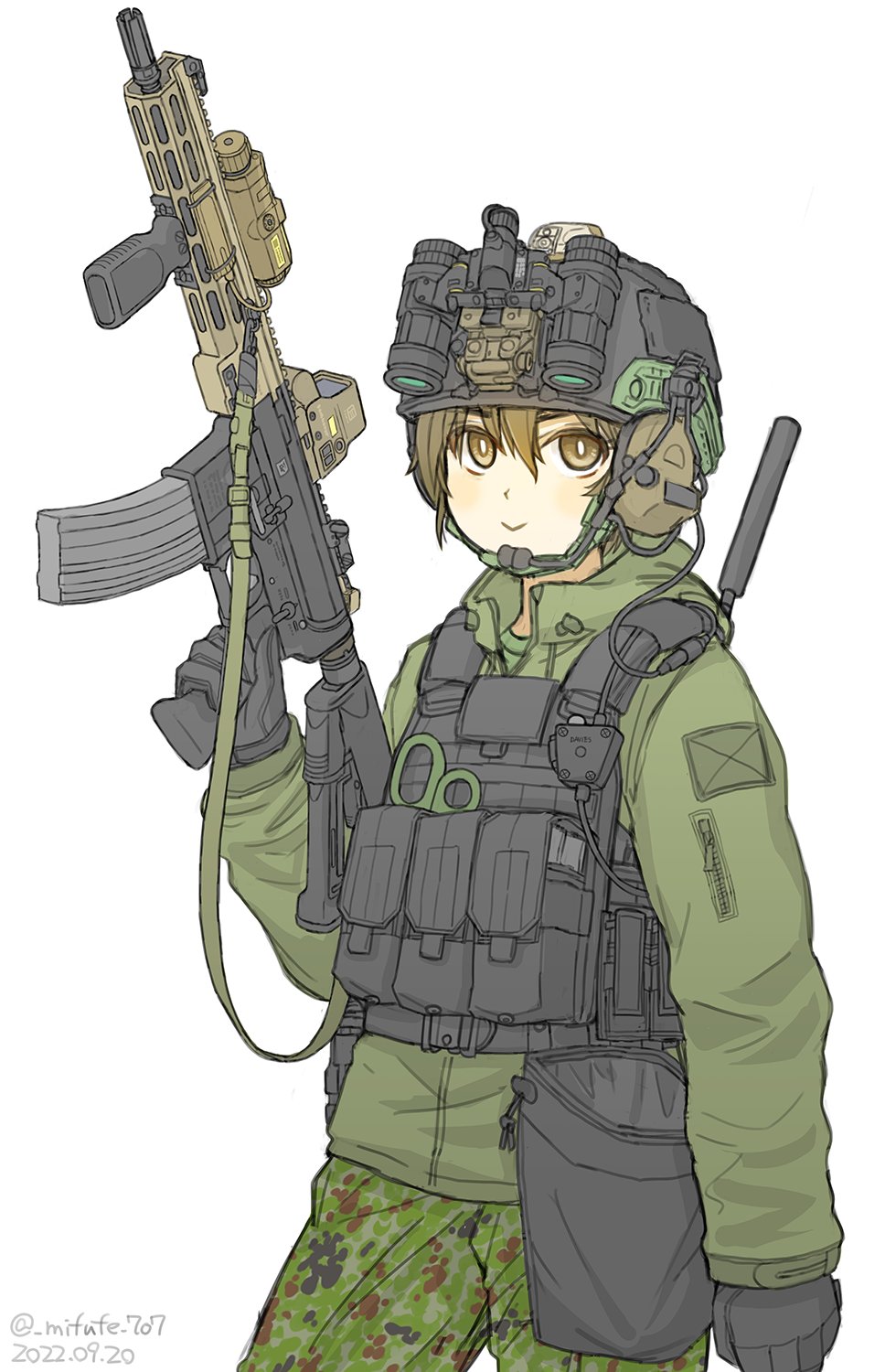 1girl, black_gloves, black_headwear, brown_eyes, brown_hair, camouflage, camouflage_pants, closed_mouth