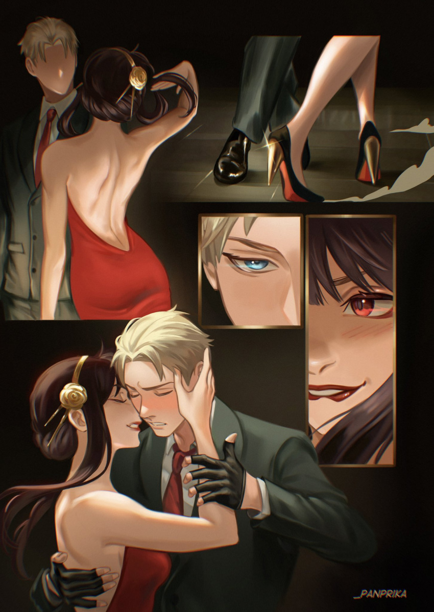 1boy, 1girl, backless_dress, backless_outfit, bare_shoulders, black_gloves, black_hair, blonde_hair