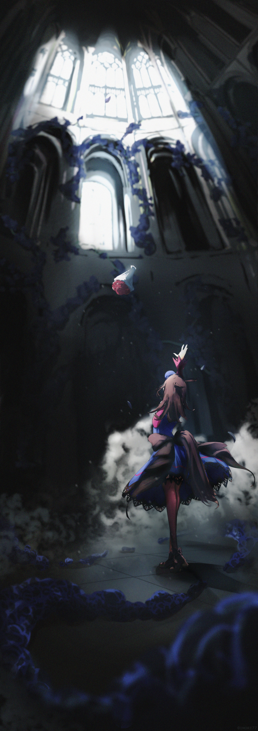 1girl, absurdres, animal_ears, blue_dress, blue_flower, blue_headwear, blue_rose, bouquet