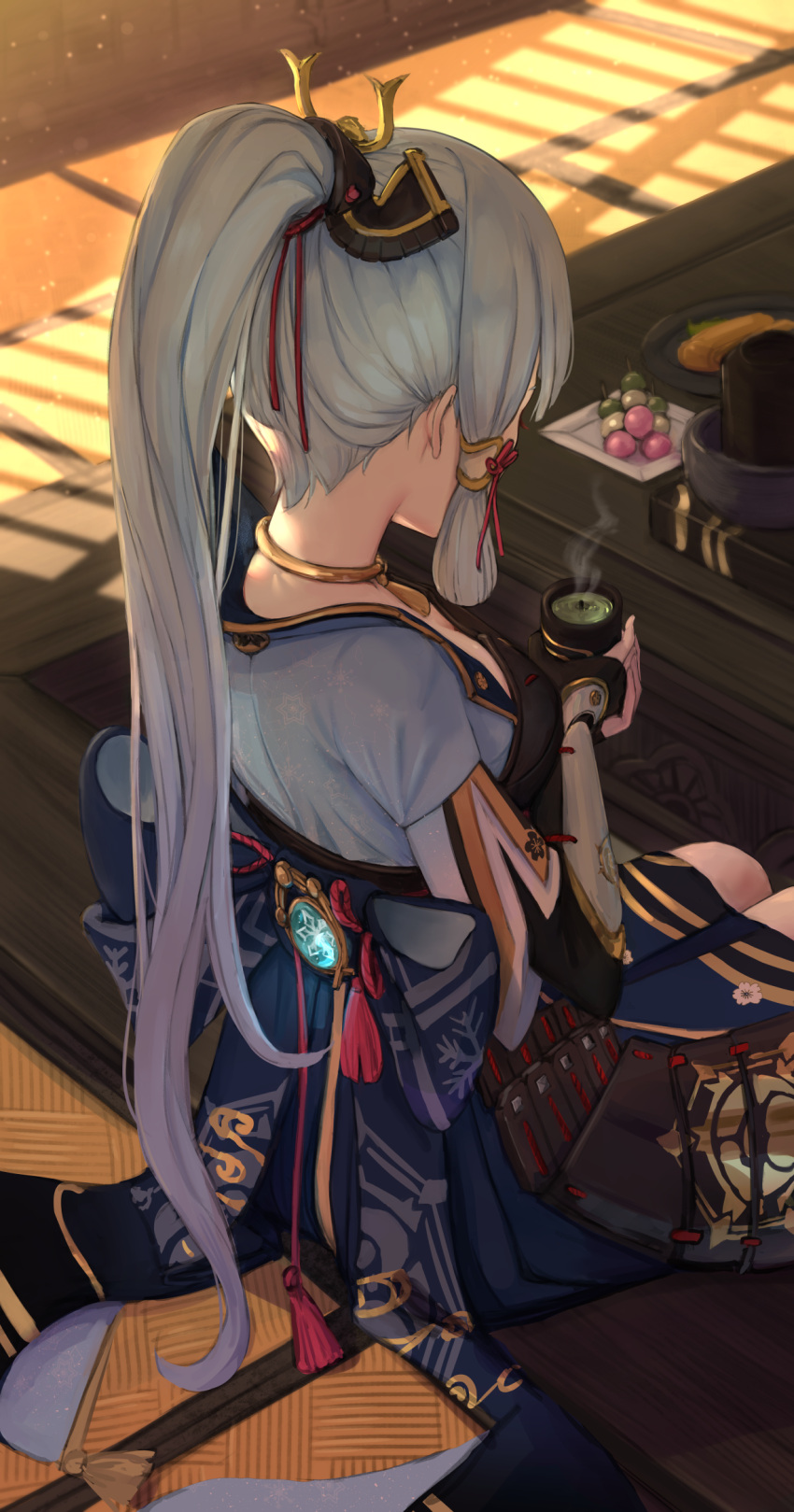 1girl, armor, armored_dress, black_gloves, blue_jacket, blunt_tresses, cup, dango