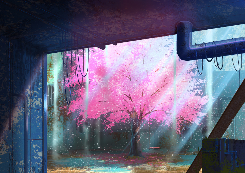 abandoned, absurdres, cherry_blossoms, damaged, grass, hanging, highres, industrial_pipe