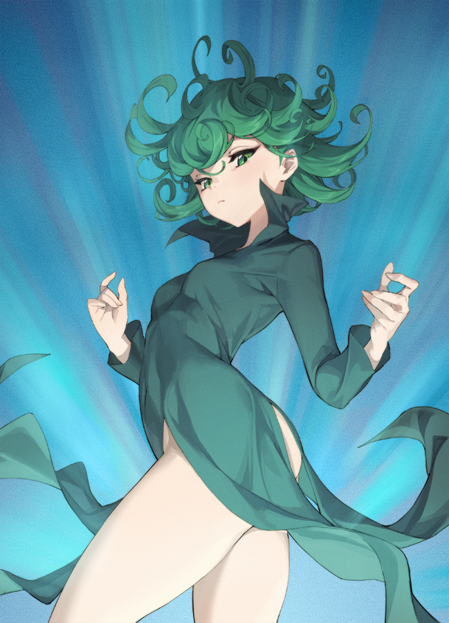 ahoge, ass, backlighting, bangs, bare_legs, black_dress, blue_background, breasts