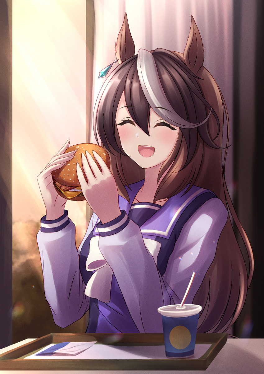 1girl, ^_^, absurdres, animal_ears, blush, bow, bowtie, brown_hair