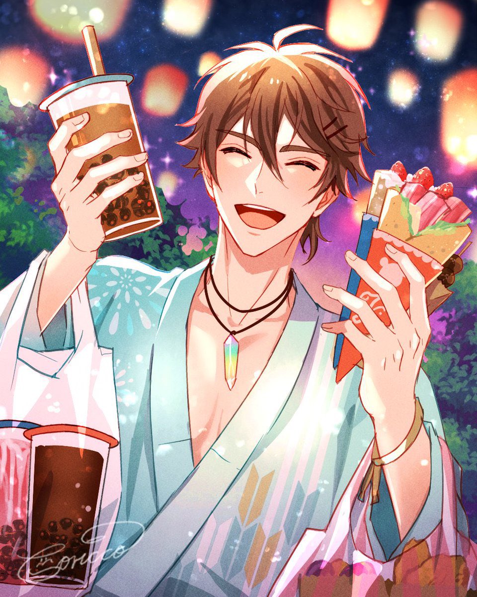 1boy, brown_hair, eiden_(nu_carnival), festival, food, fruit, highres, holding_ice_cream