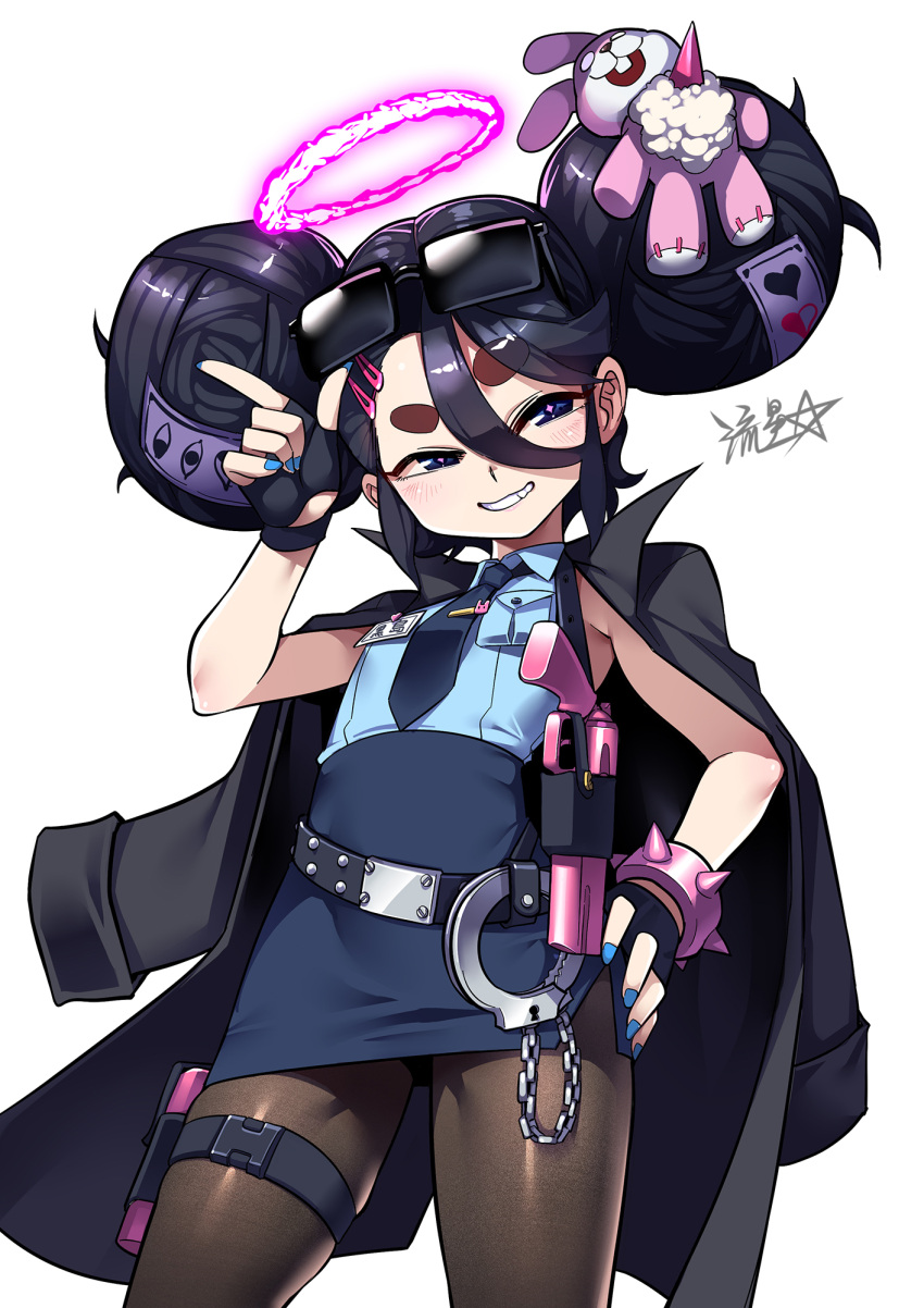 1girl, belt, black_coat, black_hair, black_necktie, blue_eyes, blue_nails, bracelet, coat, coat_on_shoulders, cuffs, double_bun, eyewear_on_head, fingerless_gloves, gloves, gun, hair_bun, halo, hand_on_hip, handcuffs, highres, holster, indie_virtual_youtuber, jewelry, kuroshima_mayu, miniskirt, name_tag, necktie, pantyhose, pencil_skirt, raised_eyebrow, revolver, ryuusei_(mark_ii), signature, skirt, solo, spiked_bracelet, spikes, stuffed_animal, stuffed_bunny, stuffed_toy, sunglasses, thick_eyebrows, thigh_holster, weapon