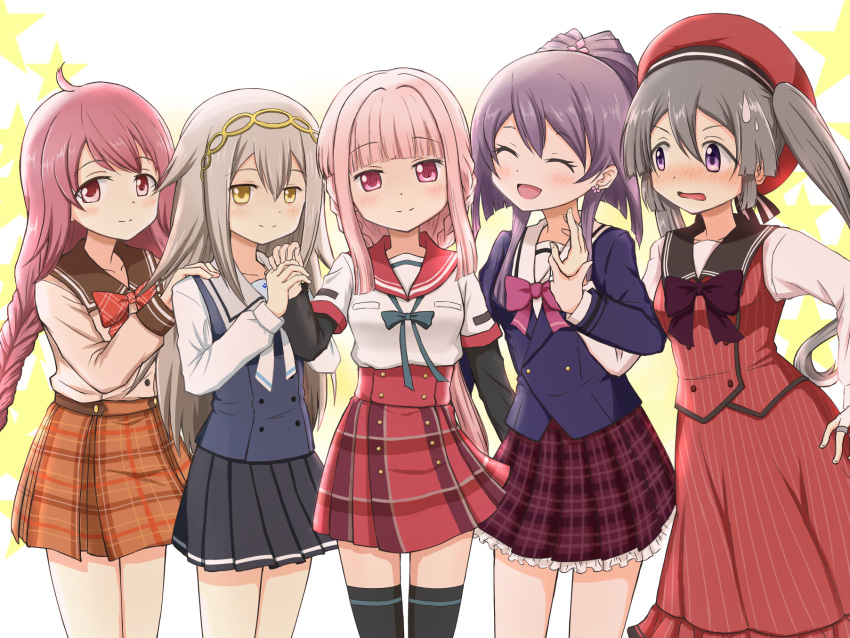 5girls, :d, ahoge, aika_himena, aqua_ribbon, arm_at_side, backlighting, bangs