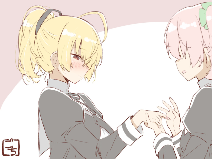 2girls, ahoge, andou_tazusa, artist_name, assault_lily, bandaid, bandaid_on_hand, bangs