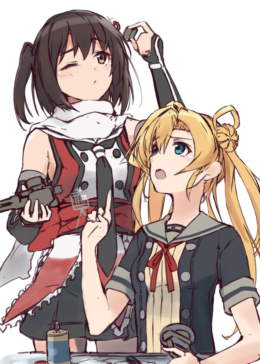 2girls, abukuma_(kancolle), abukuma_kai_ni_(kancolle), bangs, black_gloves, black_hair, black_jacket, black_skirt